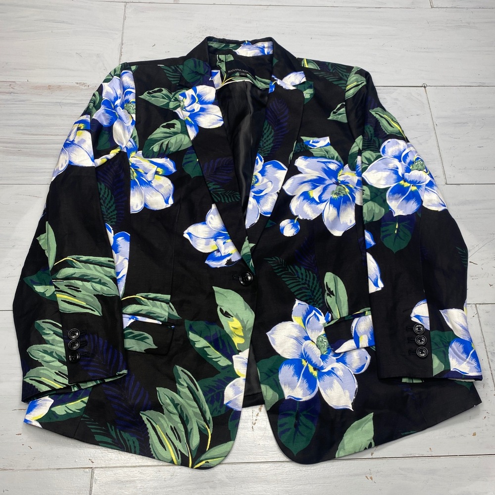 Banana Republic Floral Blazer Womens 14 Black Blue Linen Blend Tropical Jacket
